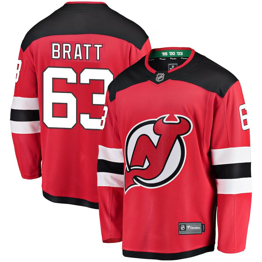 Men New Jersey Devils 63 Jesper Bratt Fanatics Branded Red Home Breakaway Player NHL Jersey